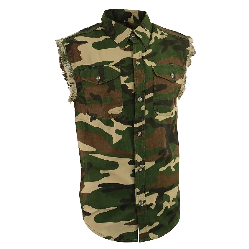 Soft And Comfortable Milwaukee Leather DM4010 Men's Camo Lightweight Denim Shirt with Vintage and Frayed Sleeveless Look