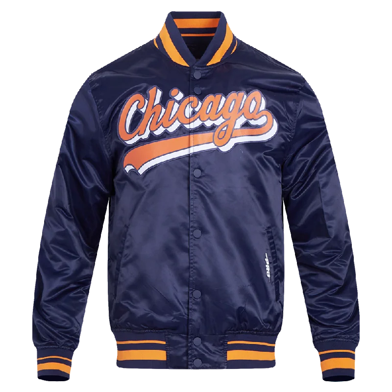 Versatile Casuals NFL CHICAGO BEARS SCRIPT TAIL MEN'S SATIN JACKET (MIDNIGHT NAVY/ORANGE/MIDNIGHT NAVY)