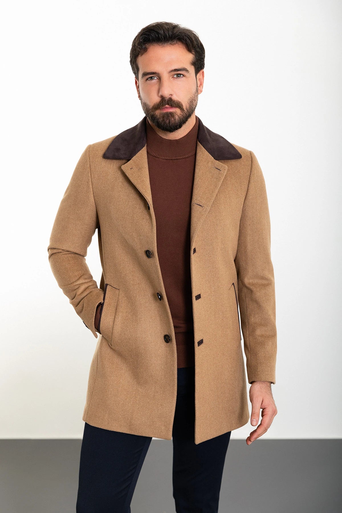 Soft Wearables Bojoni Capena Patterned Slim Fit Collar Detailed Stamped  Camel Coat