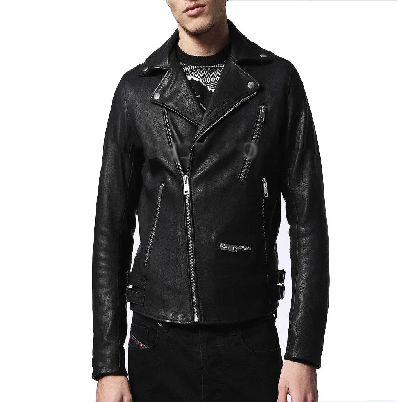 Relaxed Dresses Men Real Lambskin Motorcycle Leather Biker Jacket KM317