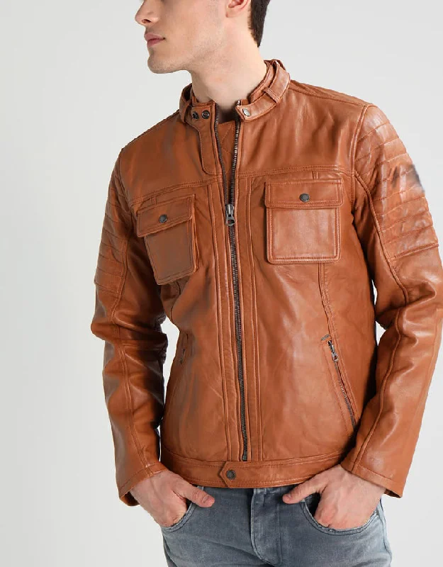 Comfortable Chic Men Real Lambskin Motorcycle Leather Biker Jacket KM278