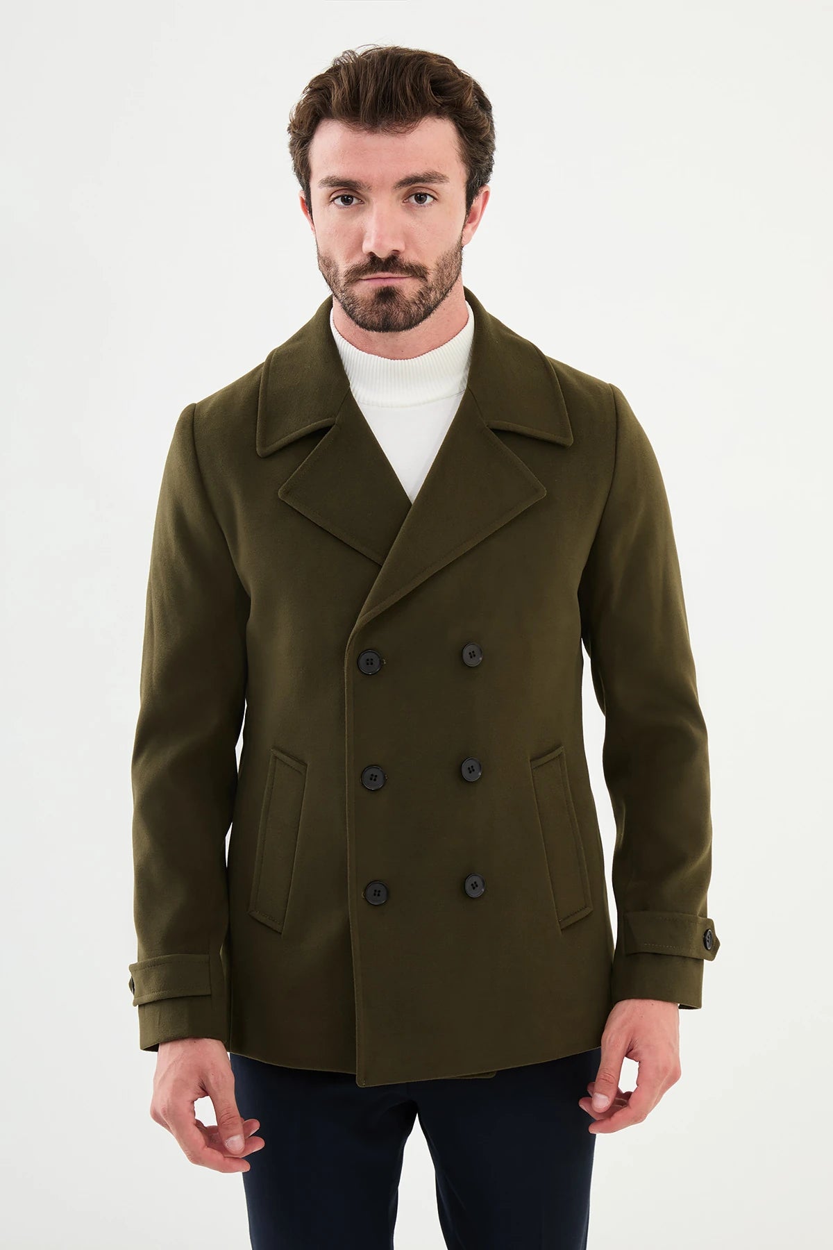 Minimal Style Bojoni Capena Plain Slim Fit Wool  Khaki Coat