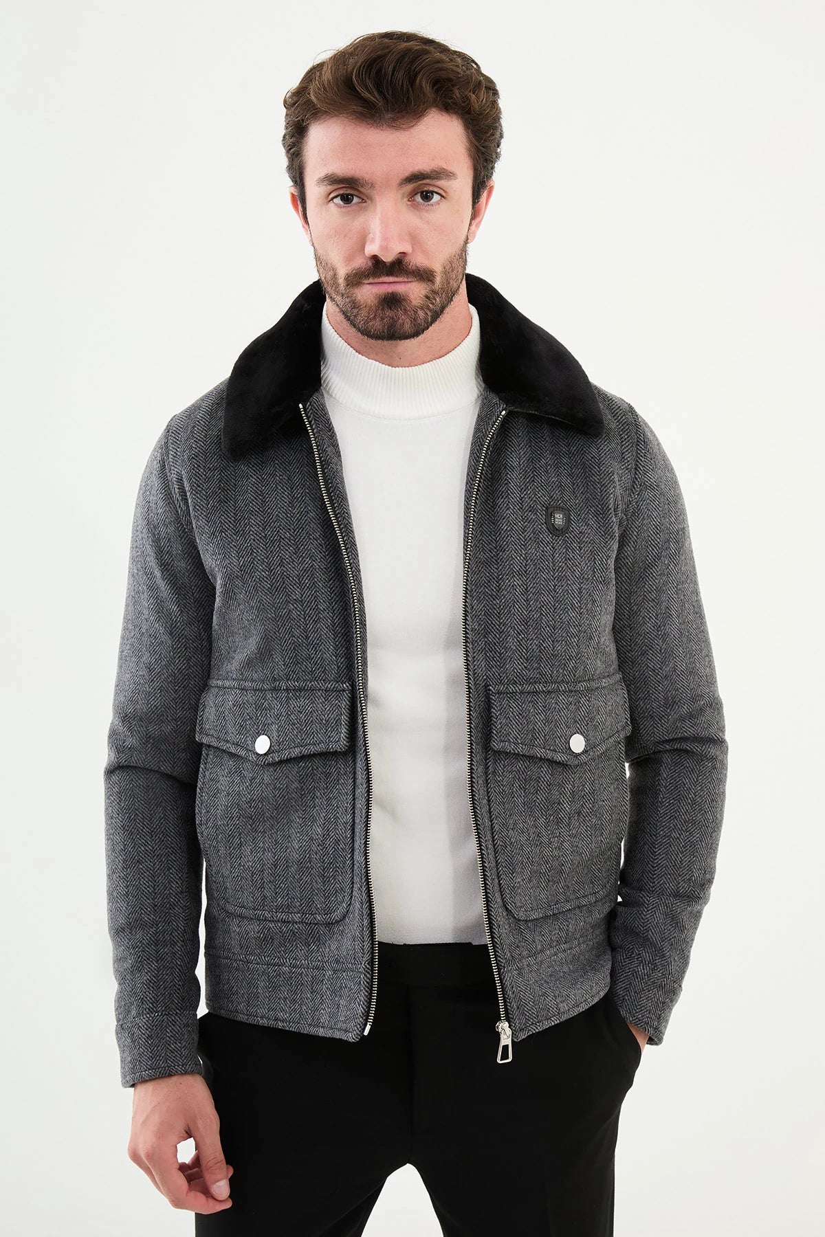 Versatile Items Bojoni Capena Gray Fur Slim Fit Wool Coat