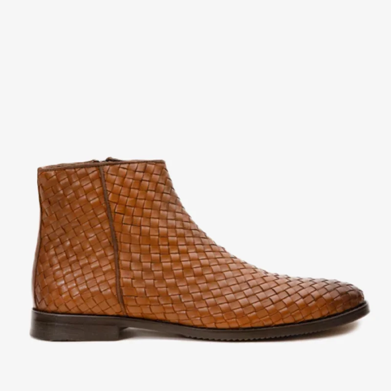 Cool Summer The Wellington Tan Handwoven Leather Men Boot with a Zipper
