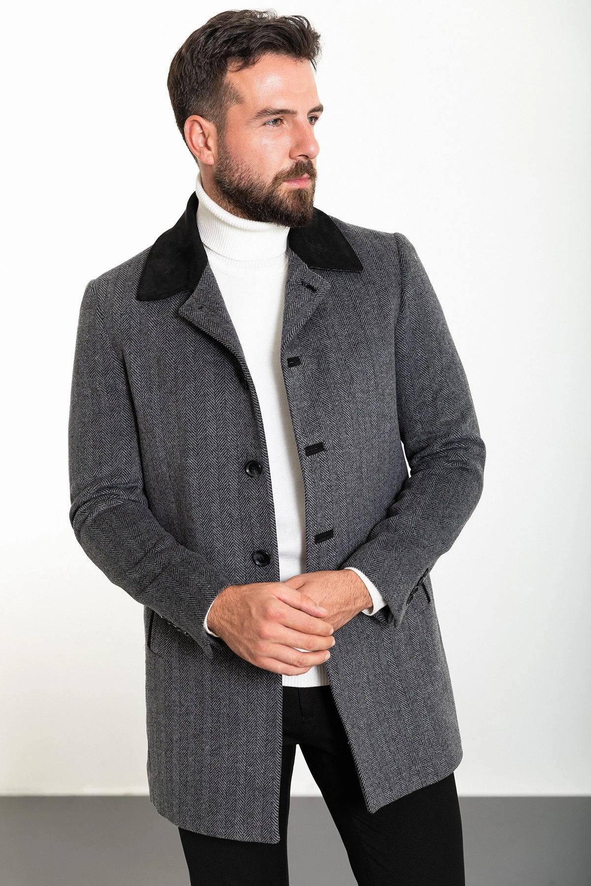 Soft Relaxation Wear Bojoni Capena Patterned Slim Fit Collar Detailed Stamped  Gray Coat
