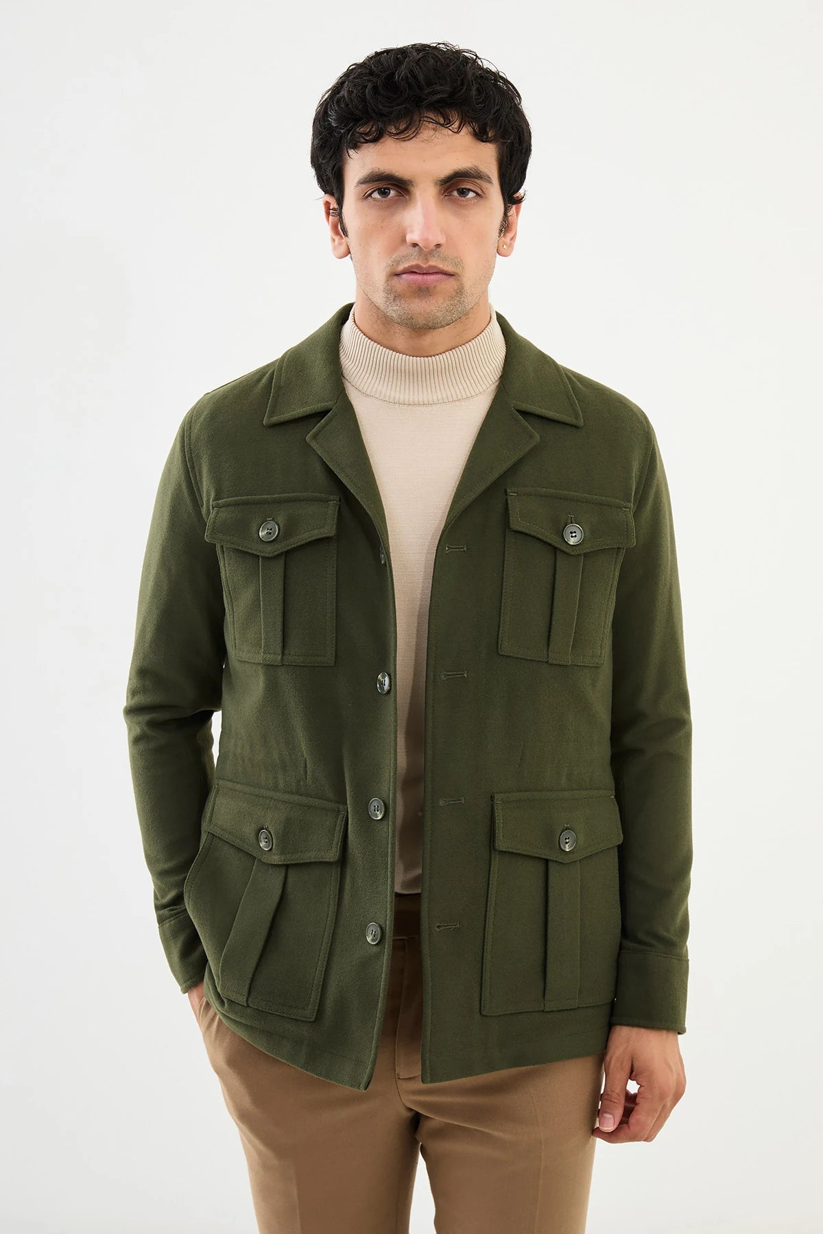 Comfortable And Simple Bojoni Capena Safari Plain Green  Slim Fit Coat
