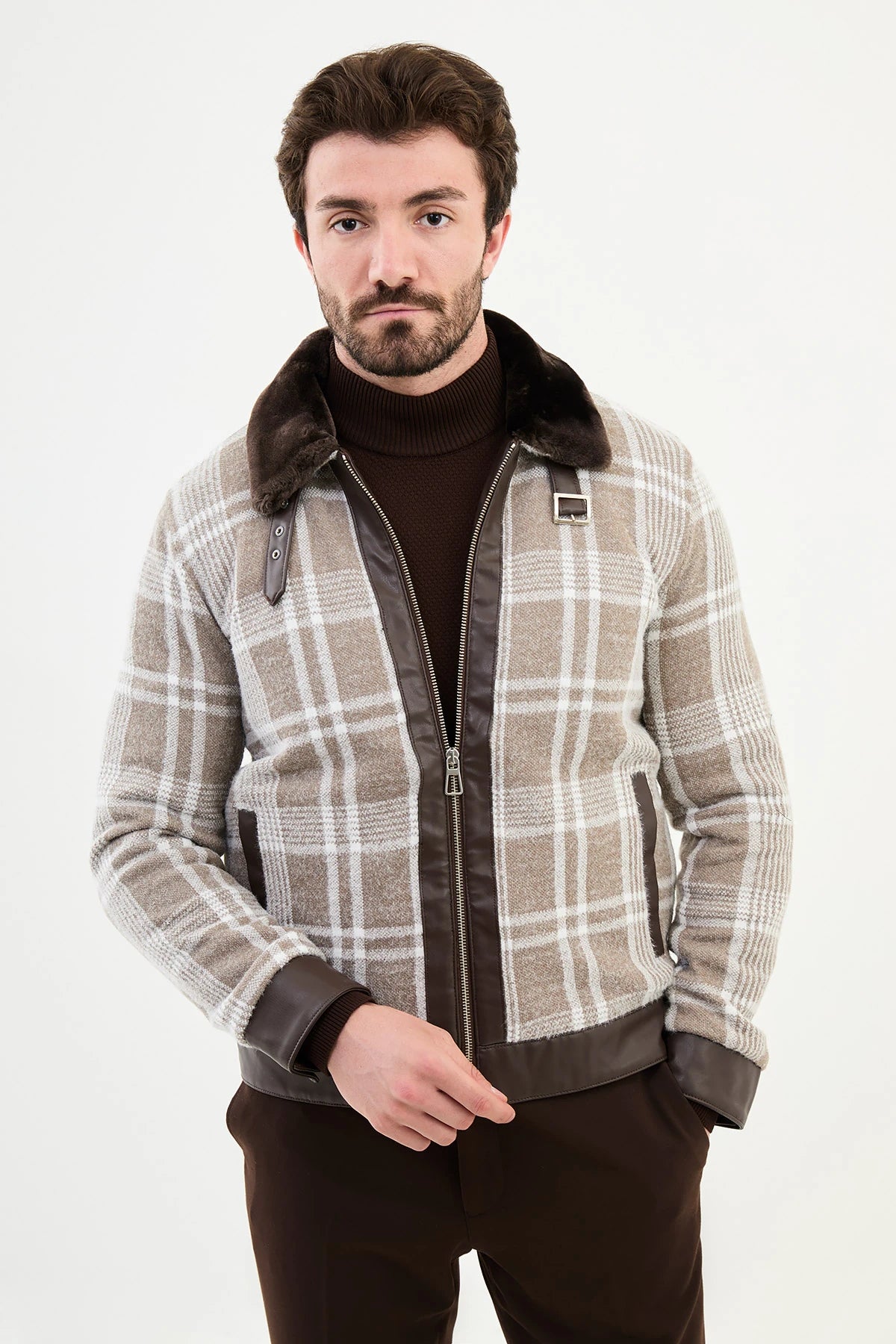 Designer Style Bojoni Capena Beige Fur Plaid Slim Fit Coat