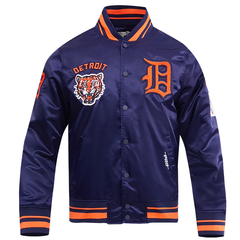Cute Style MLB DETROIT TIGERS RETRO CLASSIC MEN'S RIB SATIN JACKET (MIDNIGHT NAVY/ORANGE/MIDNIGHT NAVY)