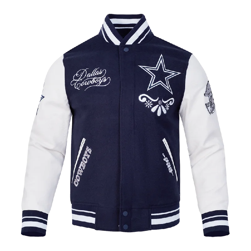 Stylish Ease NFL DALLAS COWBOYS SUGAR SKULL MEN'S RIB WOOL VARSITY JACKET (MIDNIGHT NAVY/WHITE)