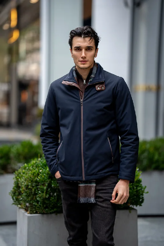 Cozy Knits Bojoni Omaha Slim Fit Navy Blue Waterproof Brown Zipper Jacket