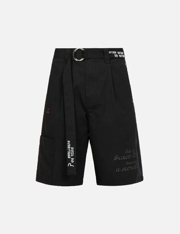 Knitted Design Slogan and Kamon Embroidery Cargo Shorts