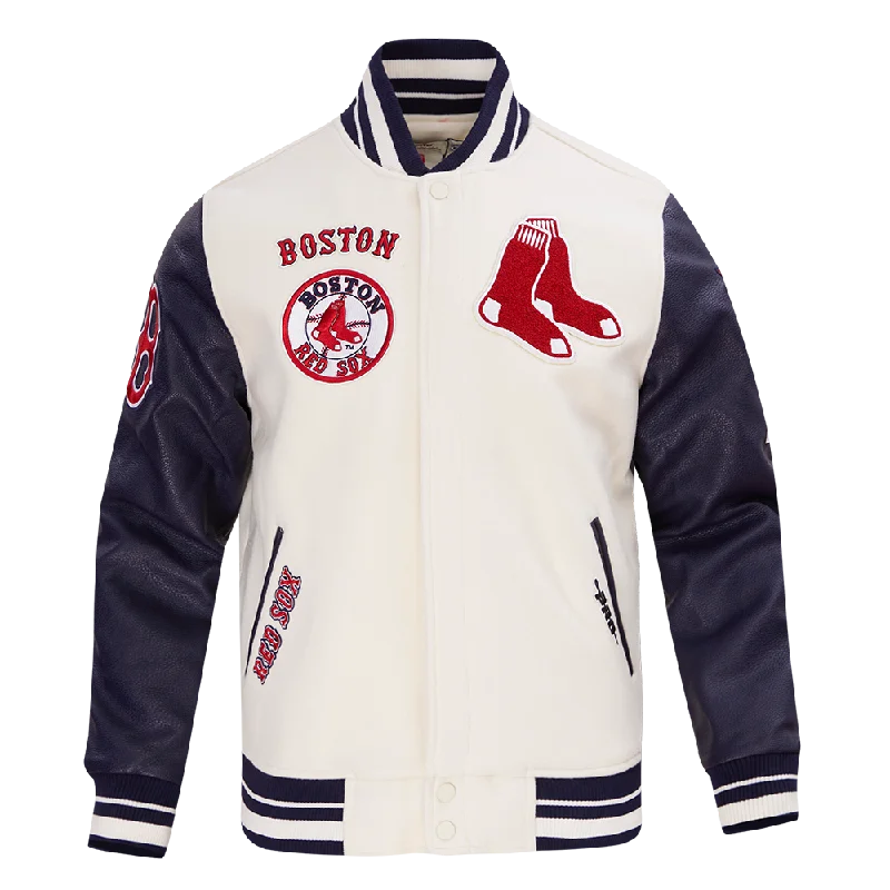 Comfortable Sweaters MLB BOSTON RED SOX RETRO CLASSIC MEN'S RIB WOOL VARSITY JACKET (EGGSHELL/ MIDNIGHT NAVY)
