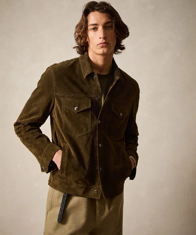 Lively And Youthful Italian Suede Snap Dylan Jacket in Olive