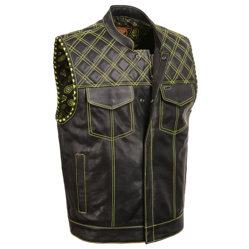 Breathable Style Milwaukee Leather MLM3528 Men's Black 'Paisley' Accented Neon Green Stitching Leather Vest w/Armhole Trim