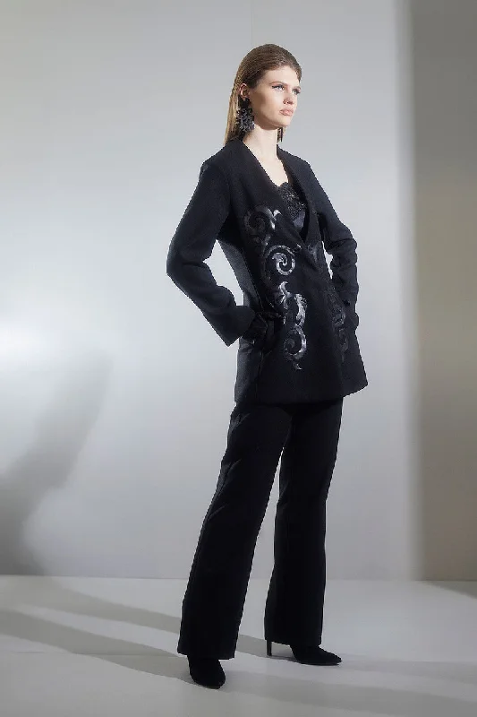 Single-shoulder Neck Design Felt Embroidered Collarless Jacket
