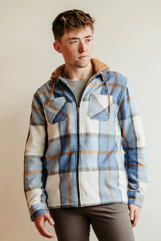 Relaxed Dresses Brooklyn Cloth Zip Front Flannel Hooded Shirt Jacket for Men in Blue | BKMD726F-LTB