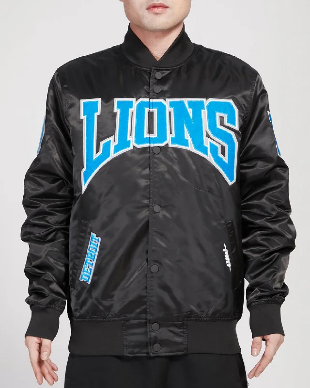 Soft Fabric Looks NFL DETROIT LIONS CREST EMBLEM MEN'S SATIN JACKET (BLACK)