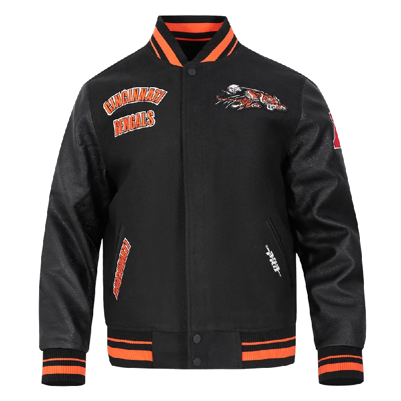 Playful Style NFL CINCINNATI BENGALS RETRO CLASSIC MEN'S RIB WOOL VARSITY JACKET (BLACK/ORANGE)