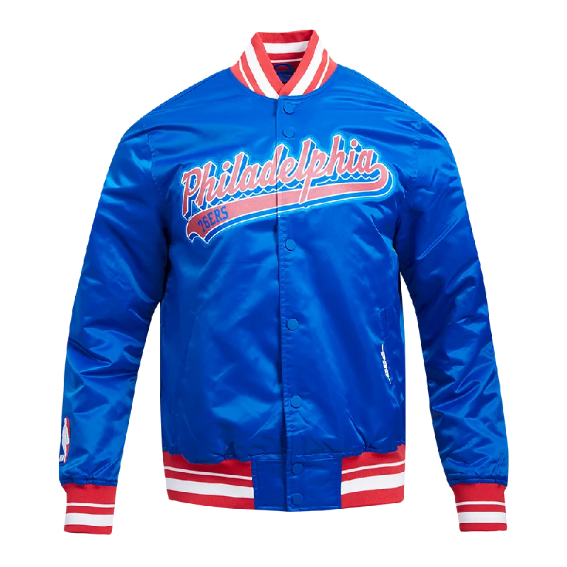 Classic Series NBA PHILADELPHIA 76ers SCRIPT TAIL MEN'S SATIN JACKET (ROYAL BLUE/RED)