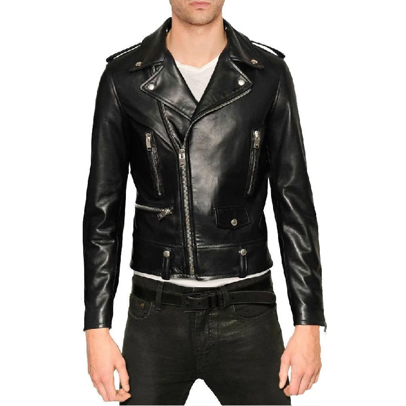 Soft Textures Men Real Lambskin Motorcycle Leather Biker Jacket KM342