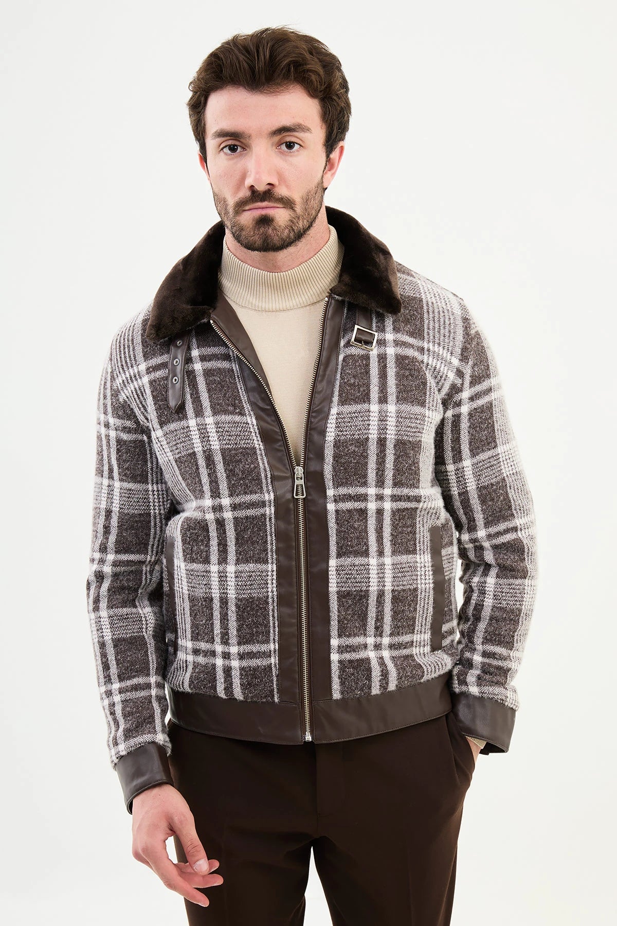 Simple Solid Color Bojoni Capena Brown Ecru Fur Plaid Slim Fit Coat