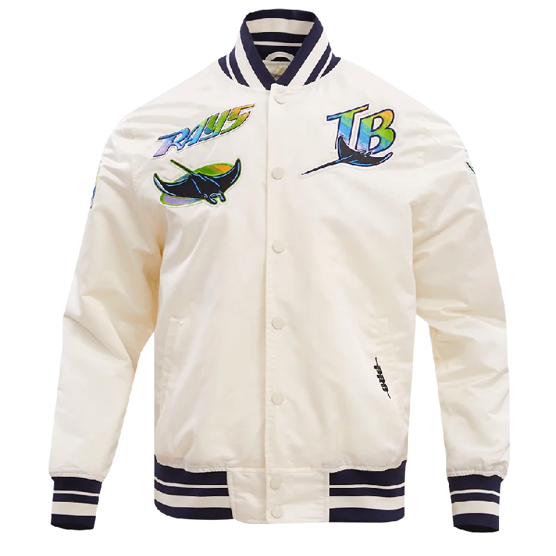 Luxury Fashion MLB TAMPA DEVIL RAYS RETRO CLASSIC MEN'S RIB SATIN JACKET (EGGSHELL/ MIDNIGHT NAVY)