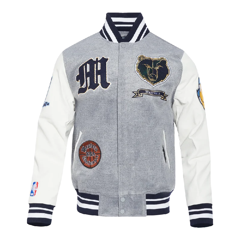 Party Wear NBA MEMPHIS GRIZZLIES PRO PREP MEN'S WOOL VARSITY JACKET (HEATHER GREY/WHITE/MIDNIGHT NAVY)