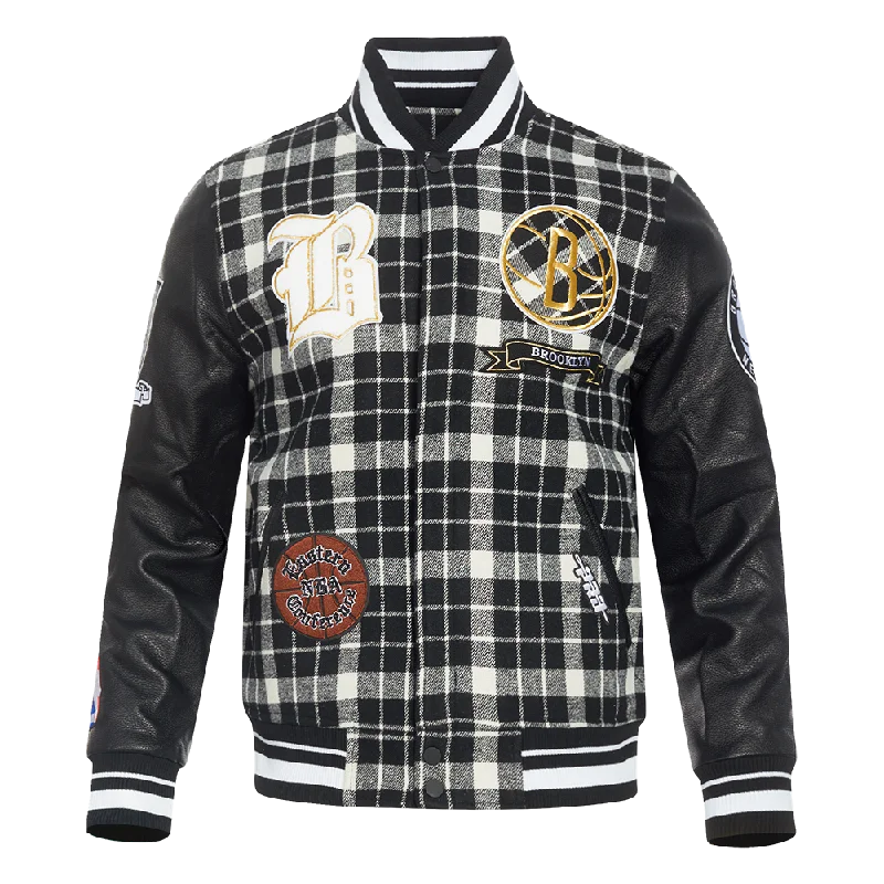 Bottom And Versatile NBA BROOKLYN NETS PRO PREP MEN'S PLAID WOOL VARSITY JACKET (WHITE/BLACK)