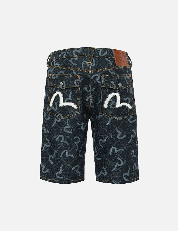 Relaxed Dresses Allover Seagull and Kamon Jacquard Regular Fit Denim Shorts