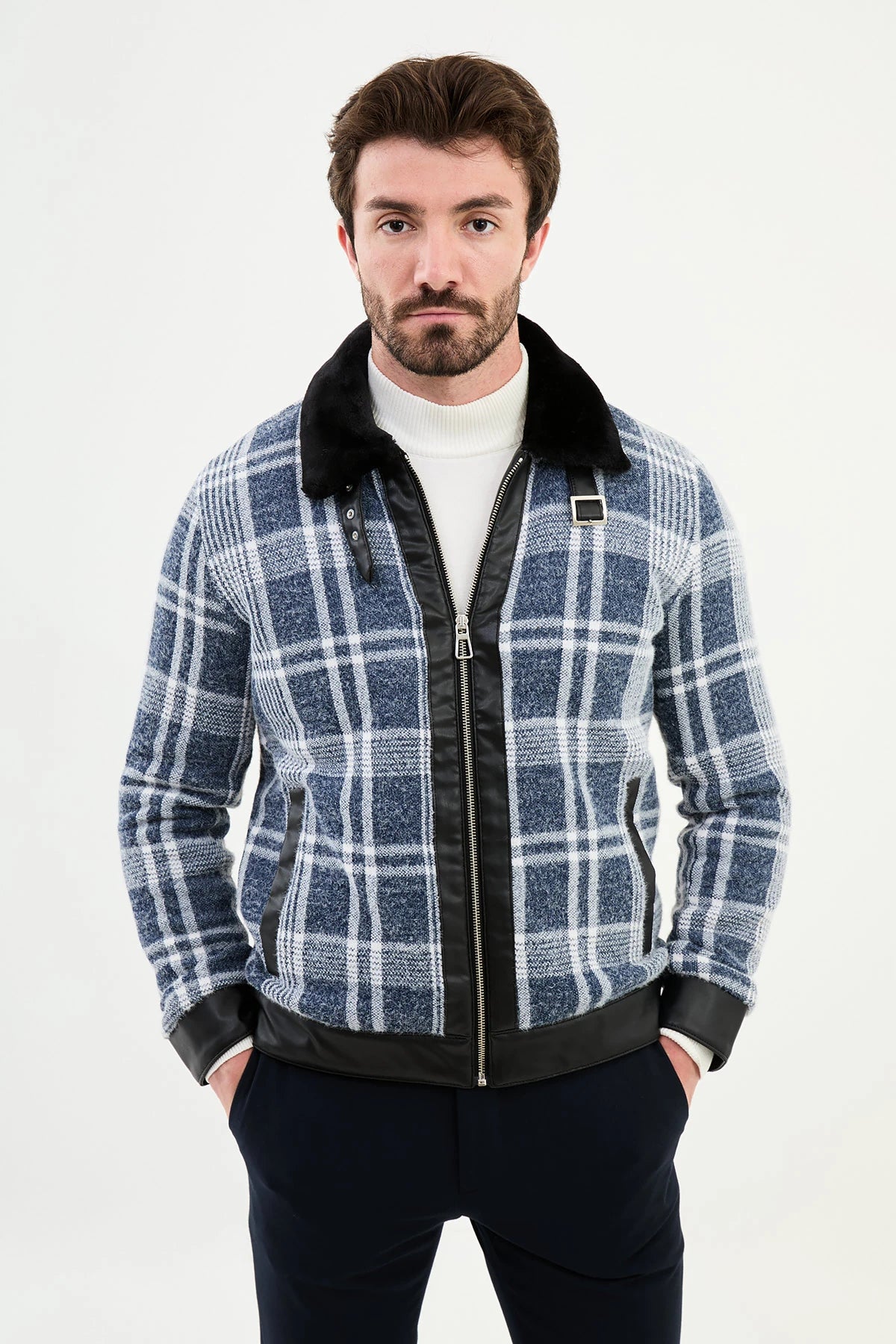 Simple Style Bojoni Capena Blue Fur Plaid Slim Fit Coat