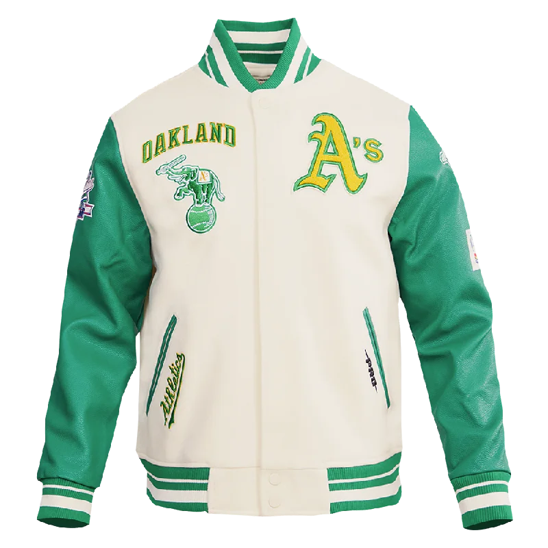 Knitted Design MLB OAKLAND ATHLETICS RETRO CLASSIC MEN'S RIB WOOL VARSITY JACKET (EGGSHELL/KELLY GREEN)
