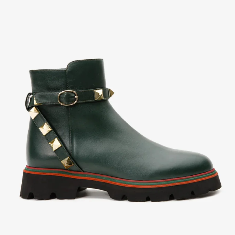 Unique Prints The Prag Green Leather Ankle Women Boot