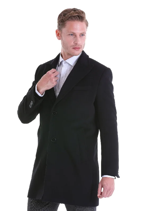Comfortable Fashion Slim Fit Cachet Peaked Lapel Black Wool Blend Overcoat