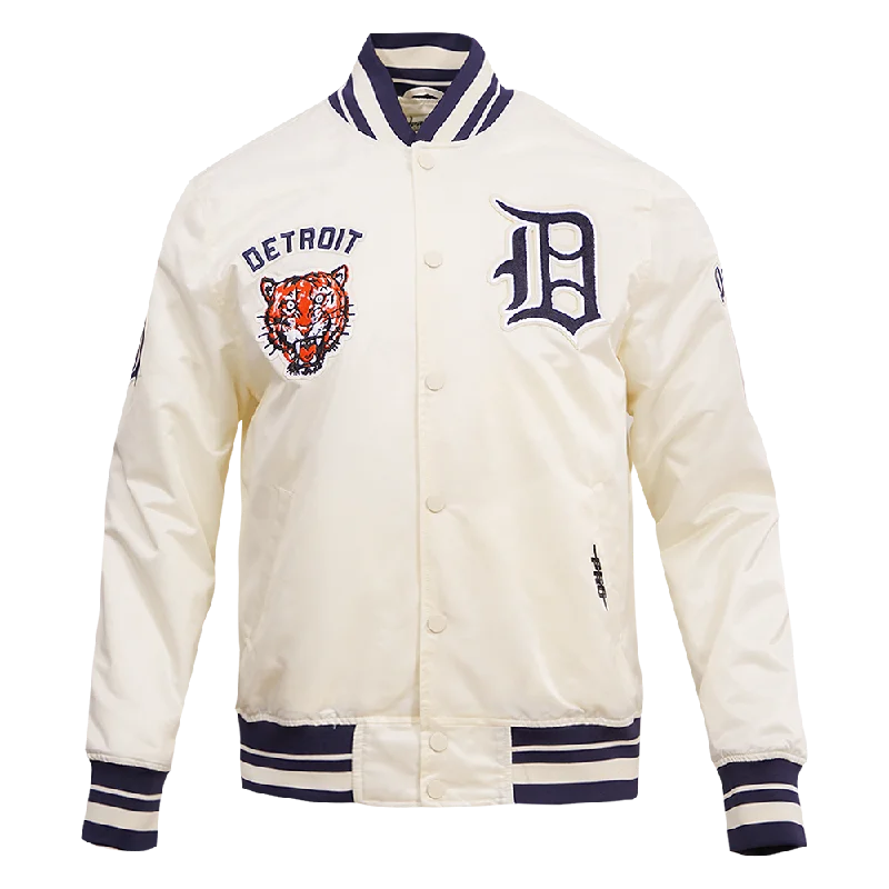 Fresh And Natural MLB DETROIT TIGERS RETRO CLASSIC MEN'S RIB SATIN JACKET (EGGSHELL/ MIDNIGHT NAVY)