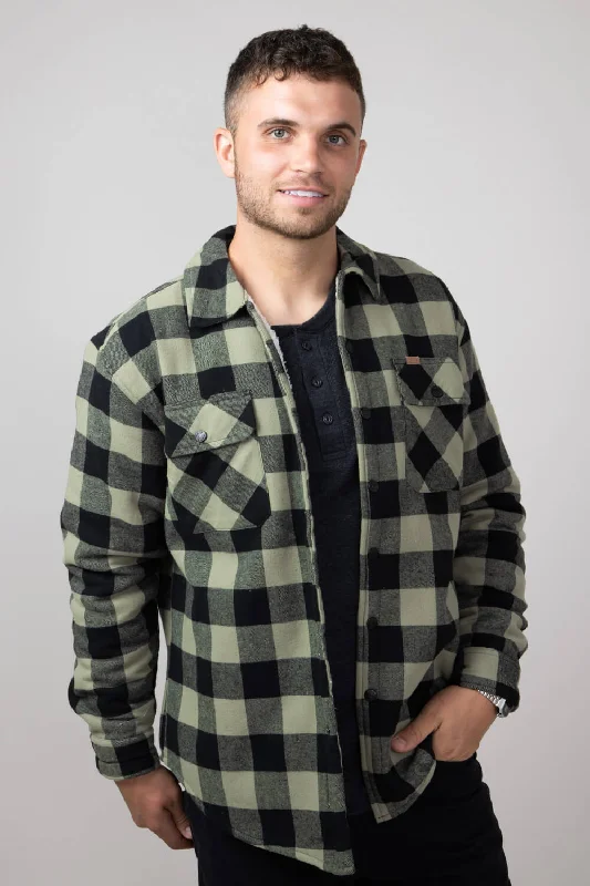 Layered Style Sherpa Lined Flannel Shacket for Men in Light Olive | MTJ05428F4-LTOLIVE