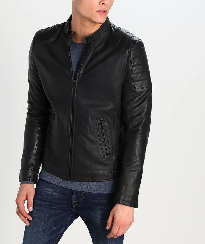 High-quality Fabrics Men Real Lambskin Motorcycle Leather Biker Jacket KM244