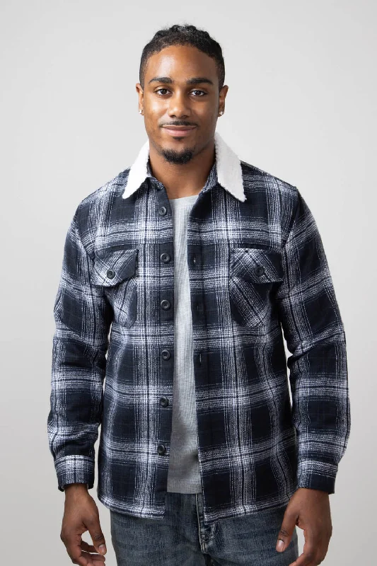 Soft Textures 1897 Original Plaid Sherpa Lined Shacket for Men in Dark Blue/Black | 5PJ7443M-BLACK