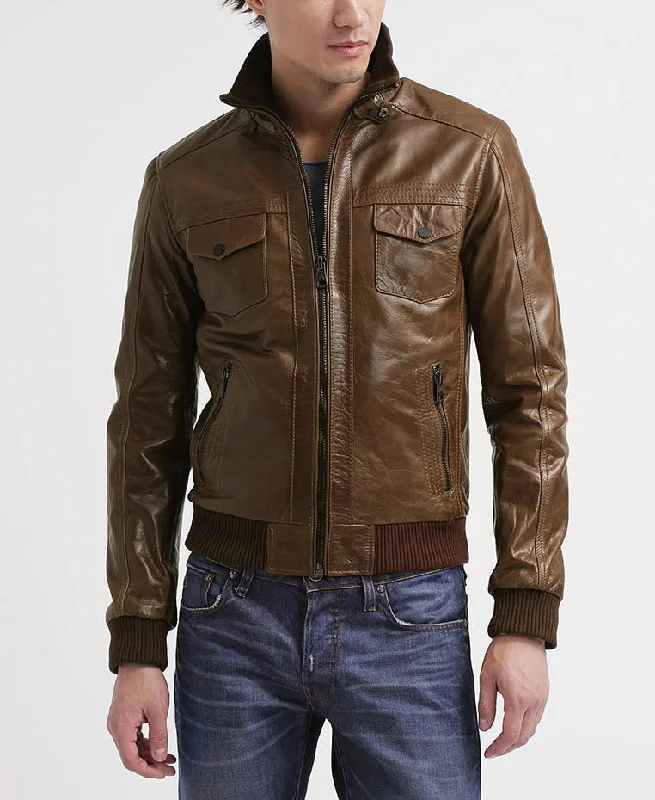 Comfortable Sweaters Men Real Lambskin Motorcycle Leather Biker Jacket KM275