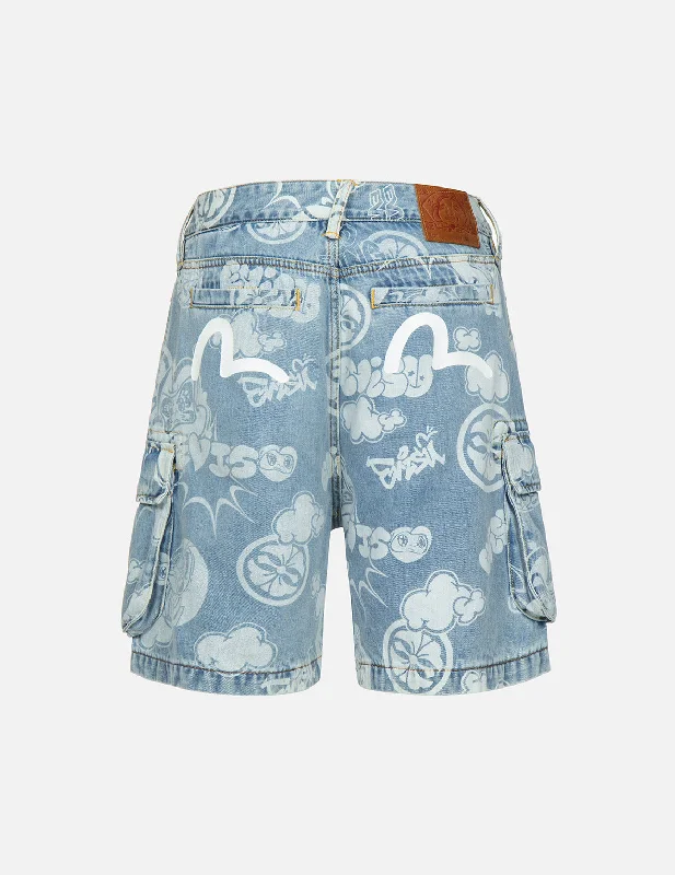 Simple And Comfortable Graffiti Daruma and Kamon Discharged Print Denim Cargo Shorts