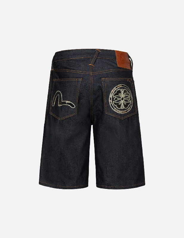 Classic Style Brocade Seagull and Kamon Appliqué Denim Shorts