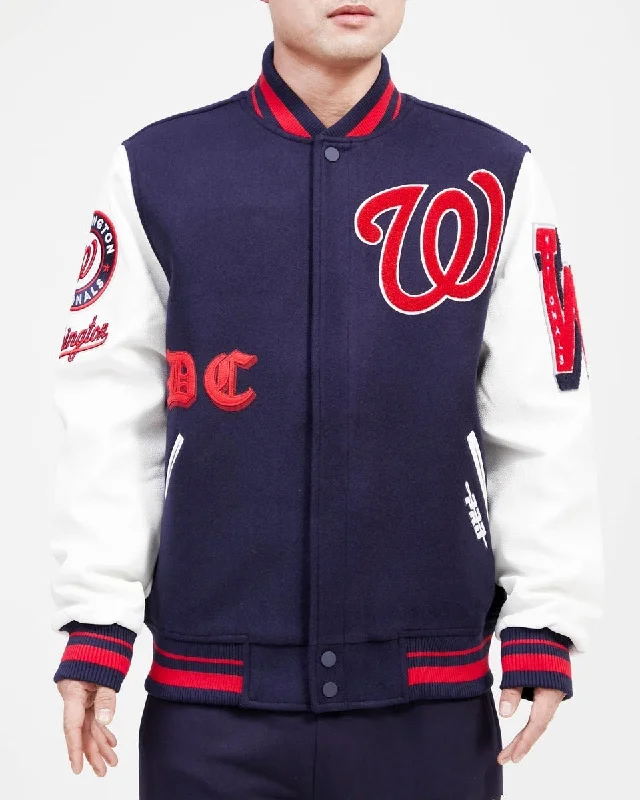 Sports And Leisure MLB WASHINGTON NATIONALS OLD ENGLISH WOOL MEN'S VARSITY JACKET (MIDNIGHT NAVY/WHITE)