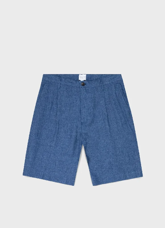 Fresh And Elegant Men's Pleated Linen Short in Blue Melange