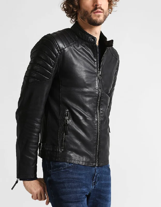 Fresh And Natural Men Real Lambskin Motorcycle Leather Biker Jacket KM241