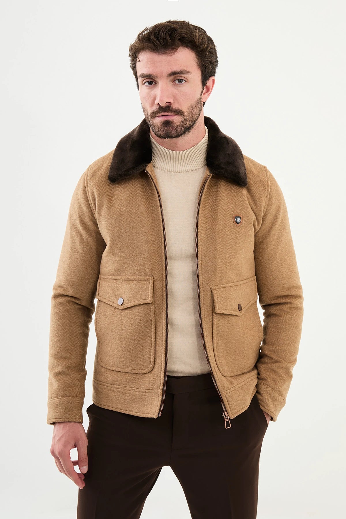 Slim Fit Bojoni Capena Camel Fur Slim Fit Wool Coat