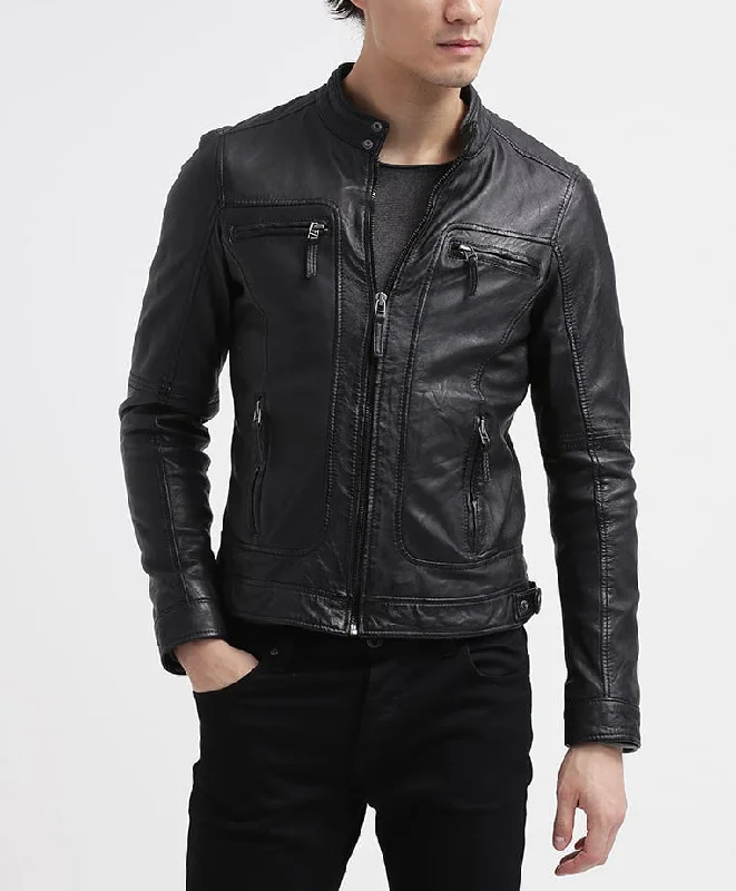 French Retro Men Real Lambskin Motorcycle Leather Biker Jacket KM234