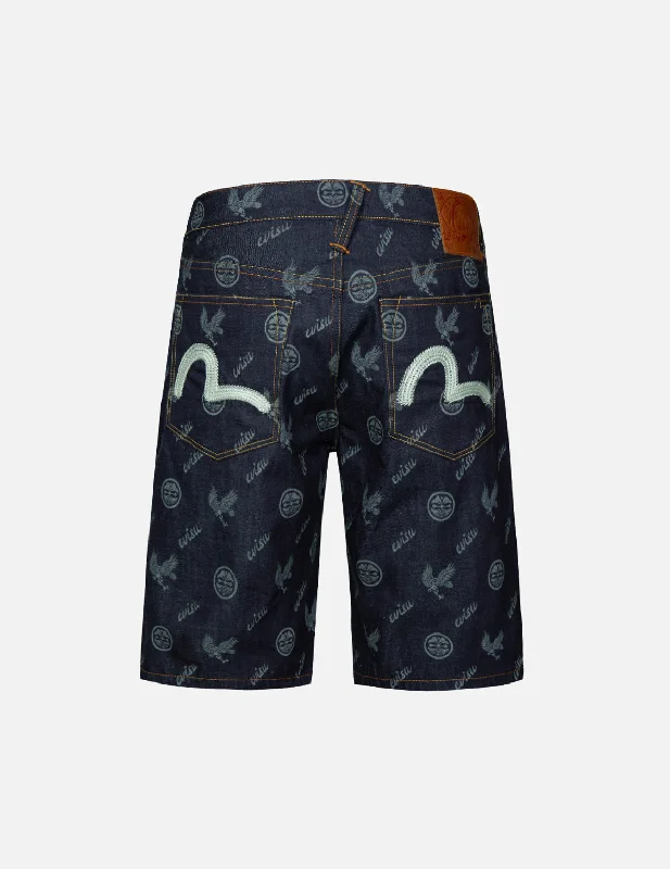 Summer Selection Allover Kamon and Eagle Print Denim Shorts