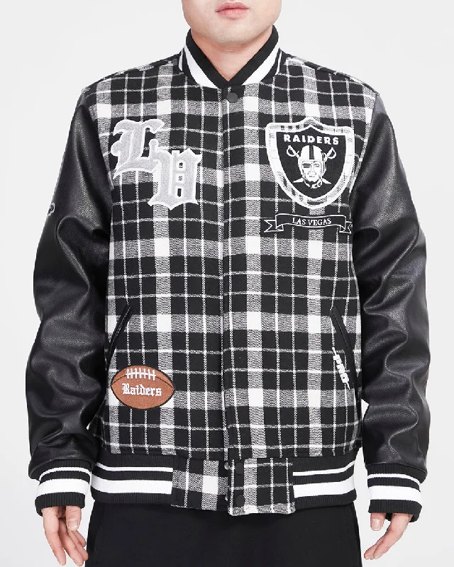 Cozy Lounge Wear NFL LAS VEGAS RAIDERS PRO PREP PLAID WOOL VARSITY JACKET (WHITE/BLACK)