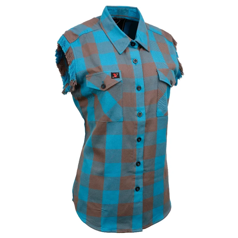 Minimal Comfort Milwaukee Leather MNG21623 Women's Flannel Brown/Aqua Button Down Sleeveless Cut Off Shirt w/ Frill Arm