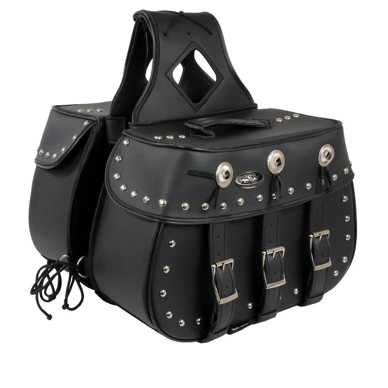 Cozy Fashions Milwaukee Leather SH652ZB Black Zip-Off Triple Buckle PVC Throw Over Motorcycle Saddle Bags with Studs (18X11X7X19)