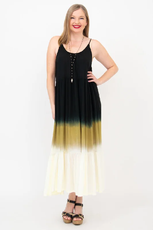 Floral Prints Boha Dress, Black Dip-Dye